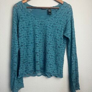 Axcess Liz Claiborne Teal Blue Glitter Lace L/SL Top L Vintage Y2K Dark Romantic